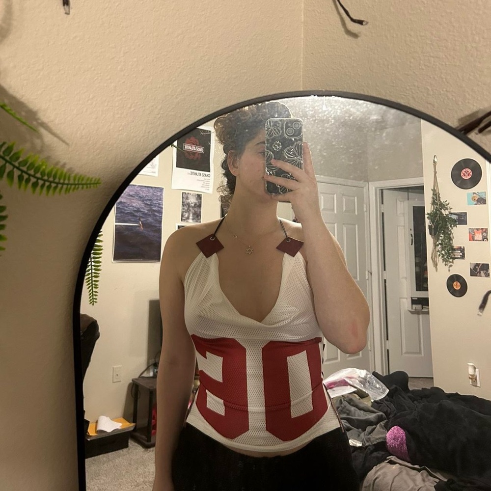 Red and White Reworked Jersey Halter Top